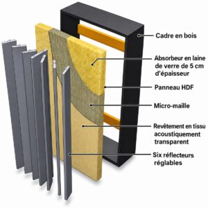 Diffuseur acoustique flexible avec panneau avant réglable – vue éclatée Diffuseur acoustique flexible avec panneau avant réglable - vue éclatée