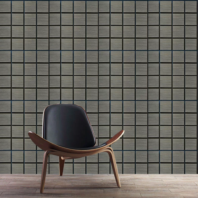 Freja panneau mural acoustique en bois à motif damier Grey Oak dans un salon contemporain aux tons neutres