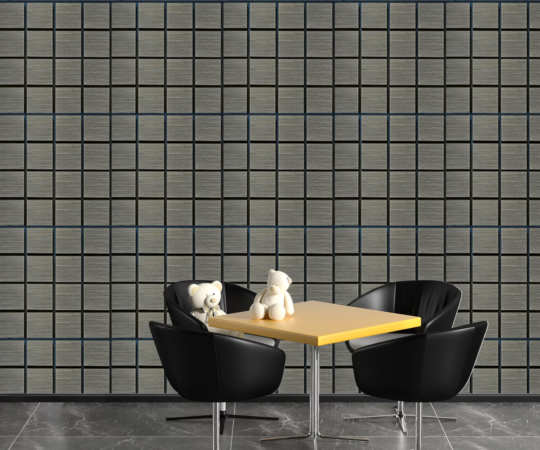 Mur acoustique réalisé avec plusieurs panneaux Freja à motif damier dans une salle à manger raffinée