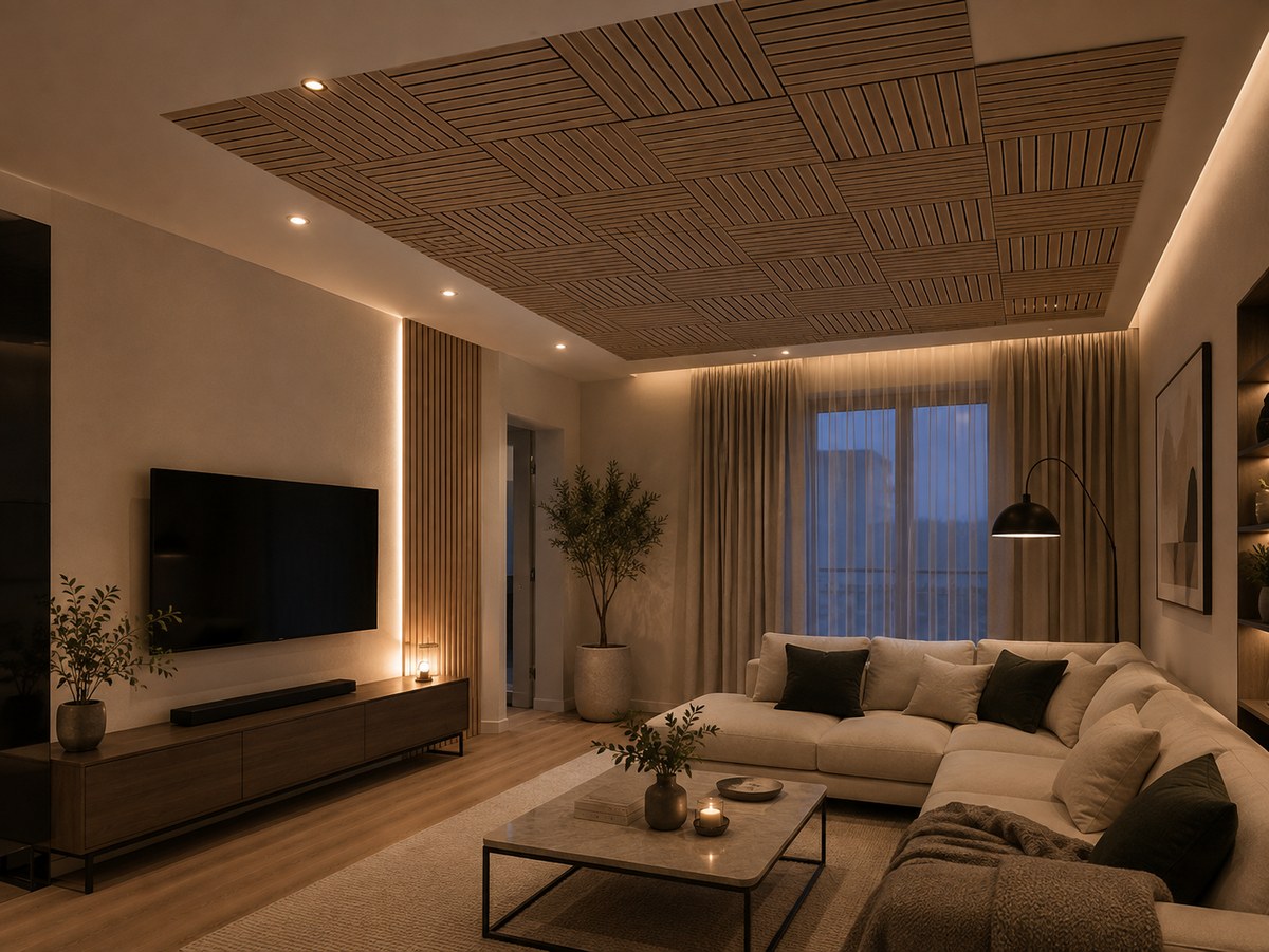 Panneau acoustique de plafond FREJA 59 × 59 × 2,2 cm disponible en cinq couleurs pour s’adapter à différents styles d’intérieur - Cette image est une illustration