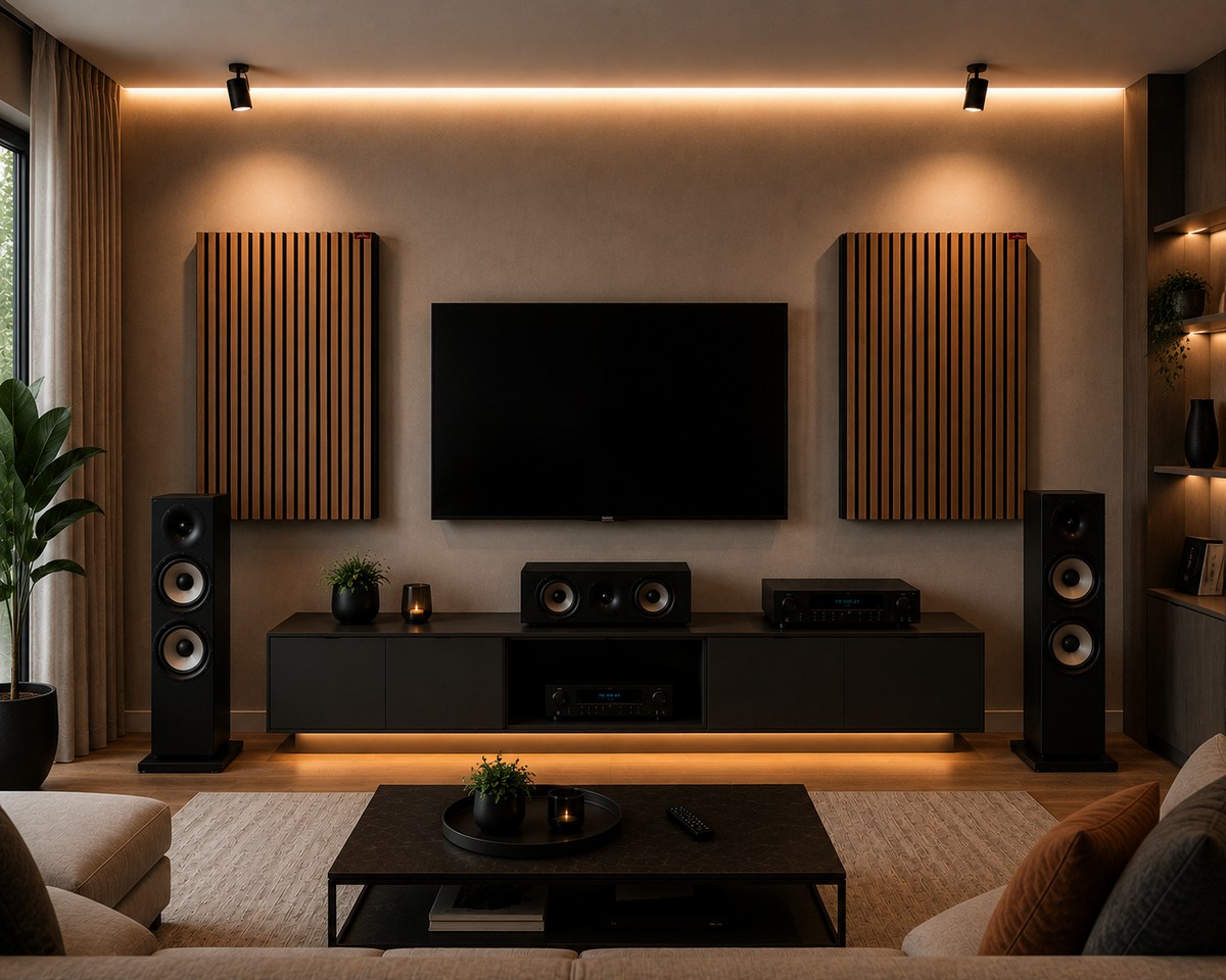 Panneaux acoustiques en bois installés derrière les enceintes pour améliorer la précision sonore - image non contractuelle