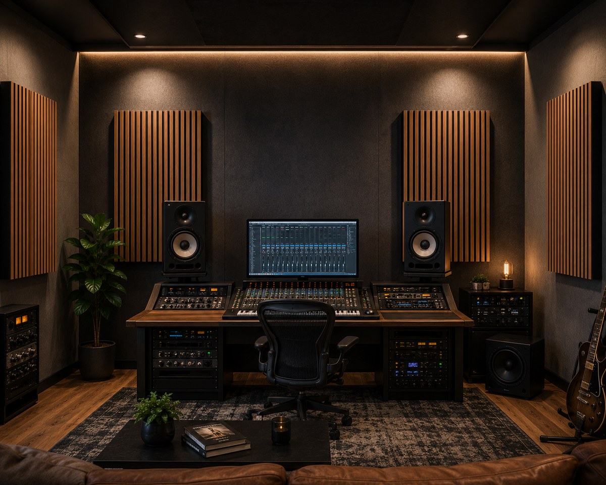 Traitement acoustique décoratif d’un home studio avec des panneaux à lattes en bois - image non contractuelle