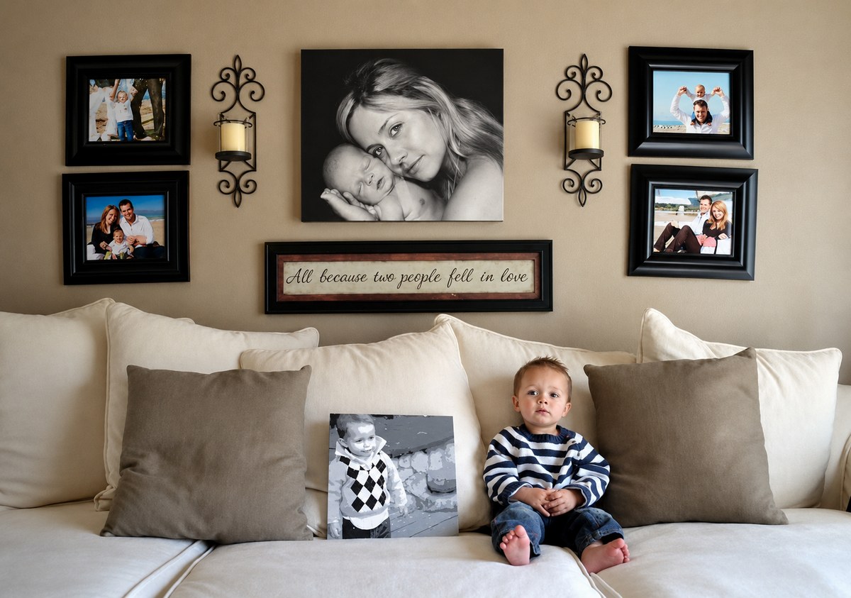 Votre photo de famille transformée en mur anti-bruit absorbant pour personnaliser un salon ou une pièce de vie