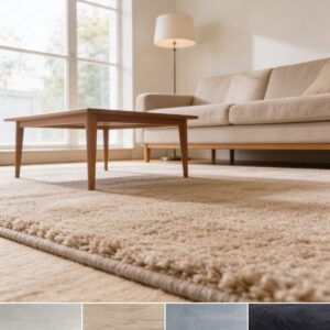 Tapis anti bruit Aurora dans un salon, quatre coloris : beige, sable, argent, anthracite