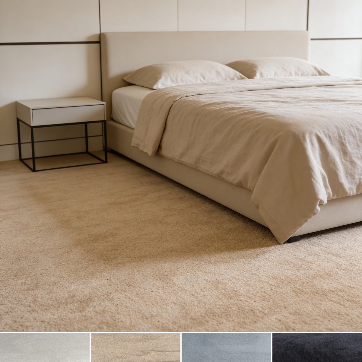Tapis anti bruit Aurora dans une chambre, quatre coloris : beige, sable, argent, anthracite