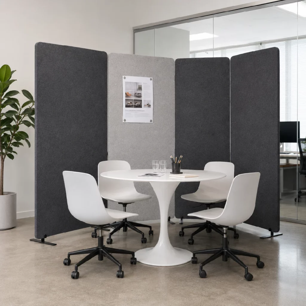 Cloisons de bureau Bilnora installées autour d’une table de réunion pour créer un espace de discussion plus calme et visuellement protégé dans un bureau moderne.