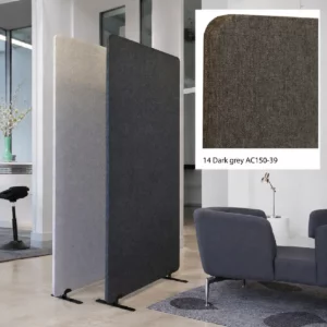Gros plan sur l’angle arrondi de la cloison de bureau Bilnora capitonnée en feutre acoustique, finition Dark Grey, révélant la texture du tissu et les finitions précises.
