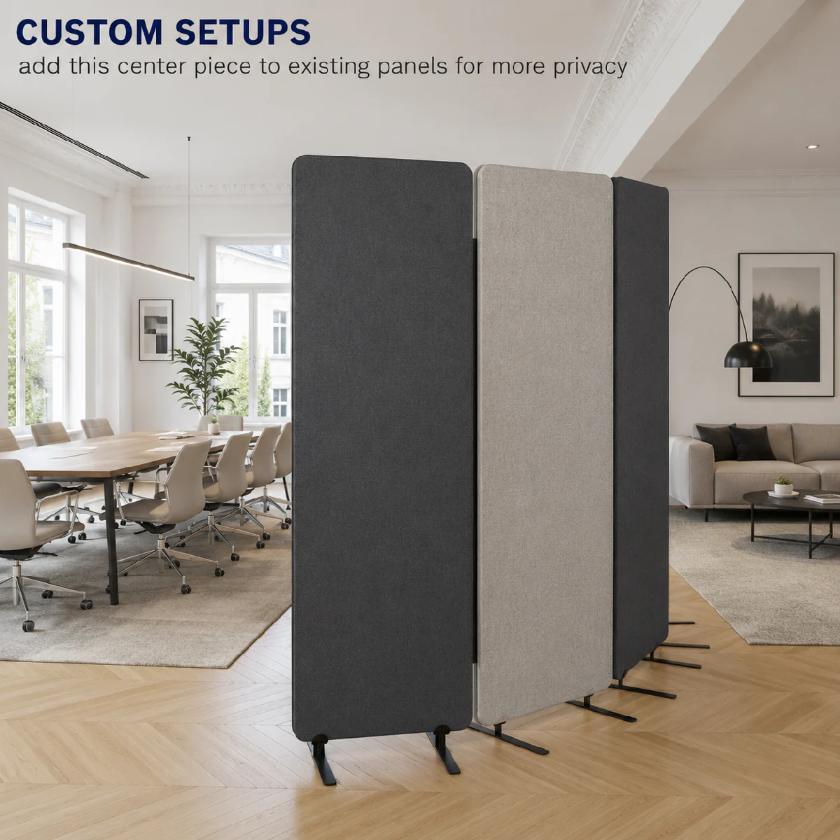 Exemple de configuration modulaire avec plusieurs cloisons de bureau Bilnora créant un espace plus confidentiel et structuré dans un bureau contemporain.