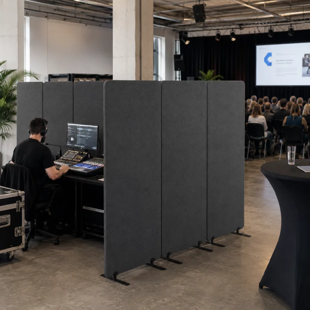 Cloisons de bureau Bilnora disposées autour d’un poste de régie lors d’un événement, créant un espace de travail discret pour les équipes techniques tout en s’intégrant à l’environnement.