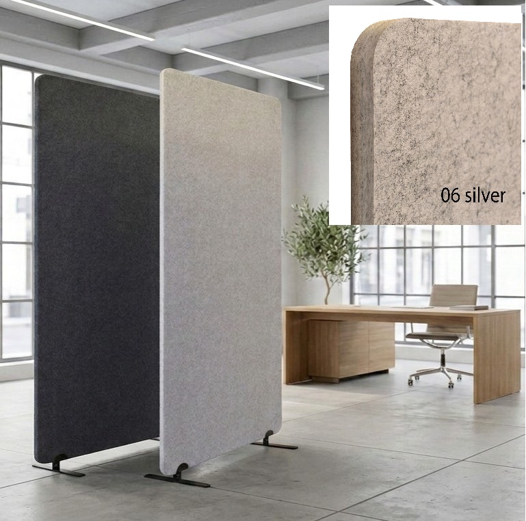 Cloisons de bureau Bilnora en feutre acoustique dans les coloris Silver et Dark Grey, accompagnées d'un gros plan sur la texture du coloris Silver pour mettre en valeur la finition du matériau.