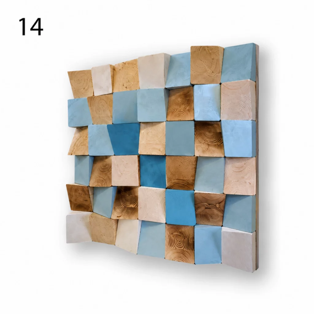 Diffuseur d’art Galerie motif 14 vu en perspective, composé de blocs de bois en relief dans des tons naturels, bruns, blancs et bleus.