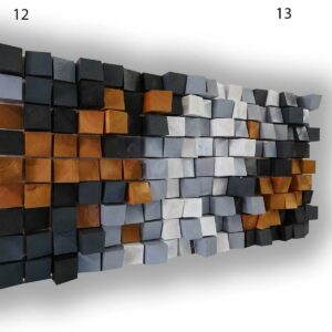 diffuseur-art-motifs-12-13-grain-fin-vue-perspective Vue en perspective d’une composition de diffuseurs d’art motifs 12 et 13 en grain fin, composée de cubes en bois saillants dans des nuances noir, gris, blanc et brun chaleureux, mettant en valeur la profondeur de la surface et la finesse du veinage.
