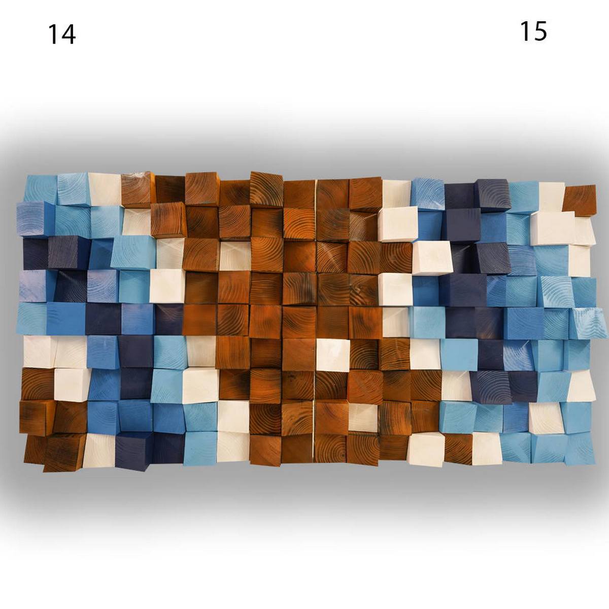 Vue de face de deux diffuseurs d’art motifs 14 et 15 en grain fin réunis en une seule composition, avec un centre dominé par des teintes bois brun doré et des côtés animés par des cubes bleus et blancs en relief, soulignant la texture fine et la structure tridimensionnelle.