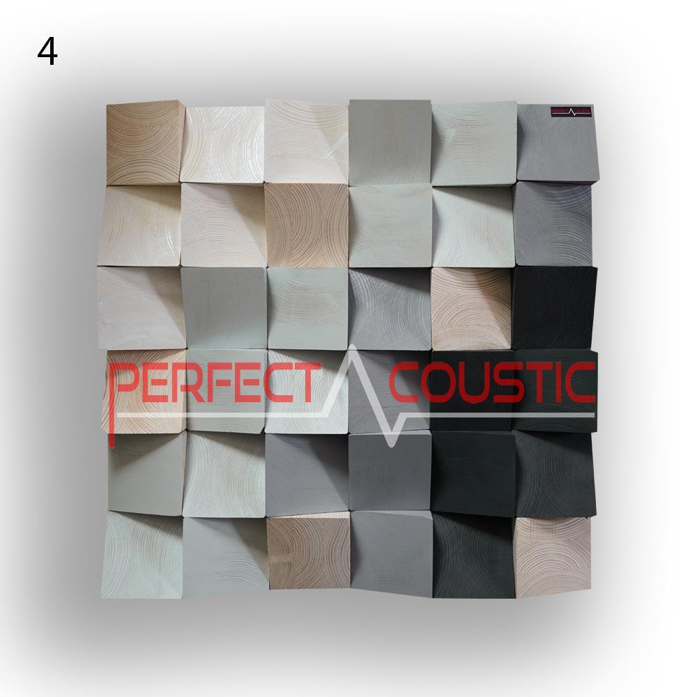 Diffuseur d’art pour studio créatif, motif 4, composé de blocs de bois en relief dans des nuances de blanc, gris clair, bois naturel et noir, avec différentes profondeurs et inclinaisons.