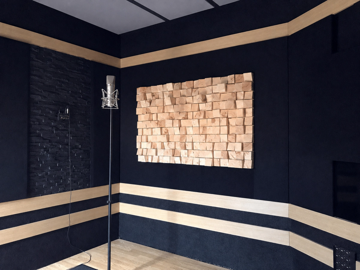 Diffuseur en bois naturel installé sur le mur d’un studio, composé de blocs de différentes profondeurs formant une surface tridimensionnelle.