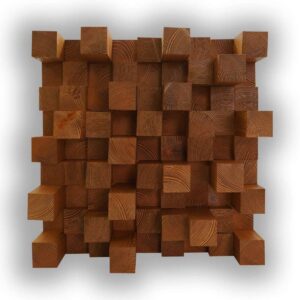 Diffuseur Skyline en finition acajou, composé de blocs de bois de différentes profondeurs formant une surface tridimensionnelle irrégulière.