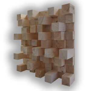 Vue frontale d’un diffuseur Skyline en finition acajou, constitué de nombreux blocs de bois de profondeurs variables avec veinage apparent.