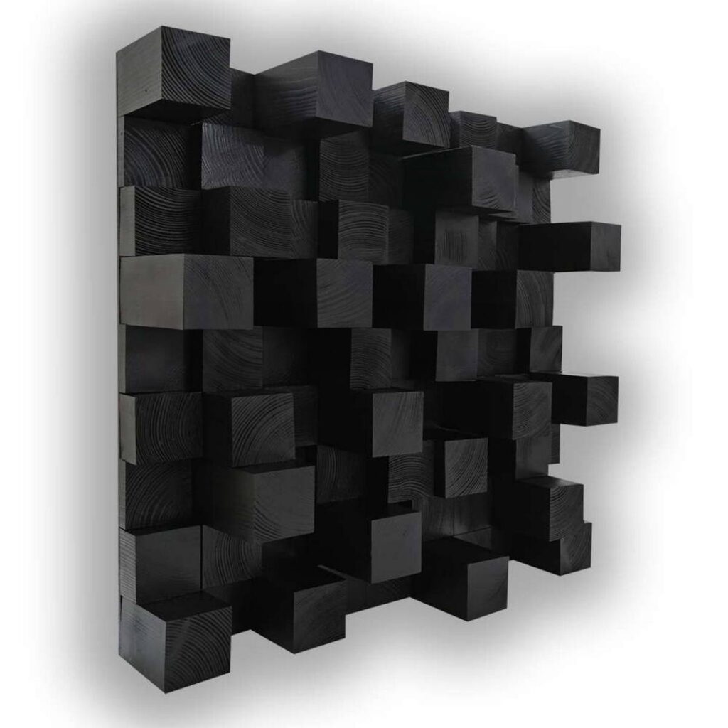 Diffuseur Skyline noir vu en perspective, avec des blocs de bois disposés à différentes profondeurs et un veinage encore visible sous la finition sombre.