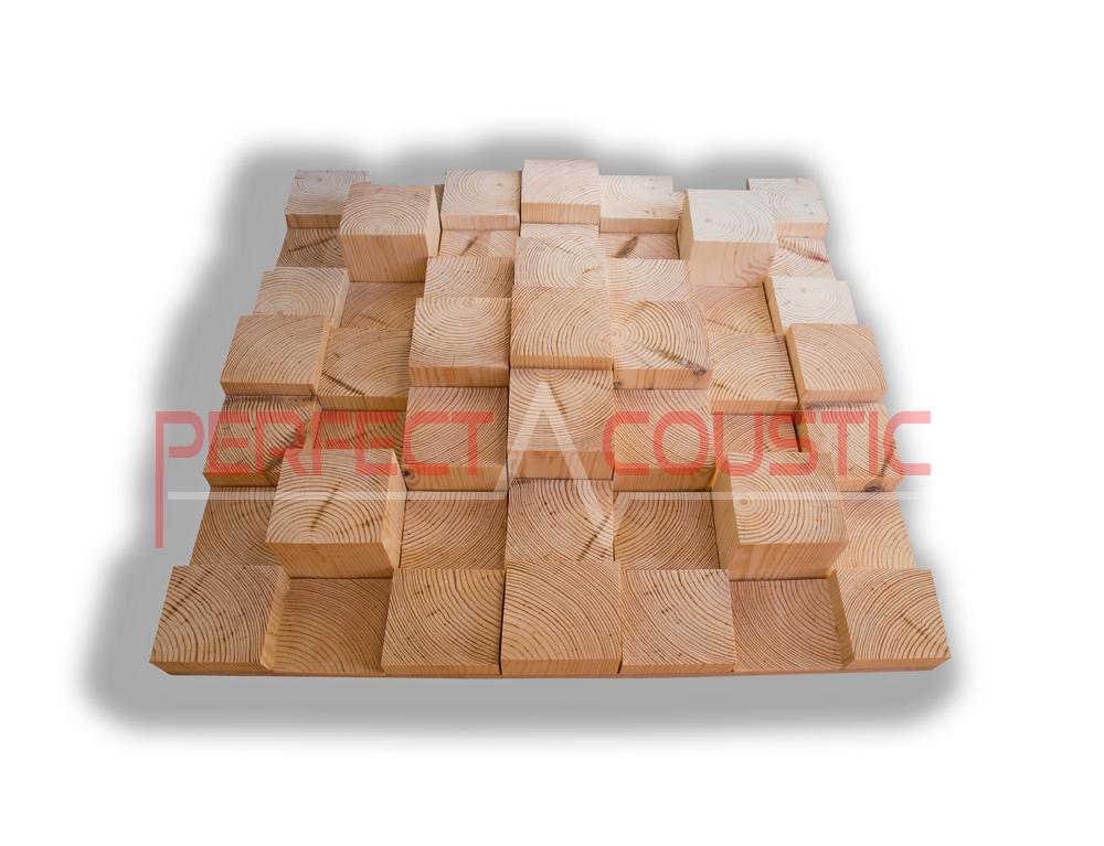 Diffuseur sonore 3D en bois naturel composé de blocs de différentes hauteurs, avec veinage du bois clairement visible.
