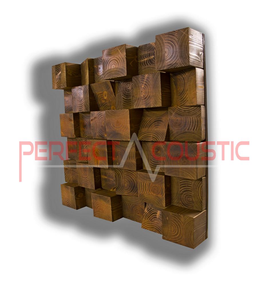 Diffuseur sonore Cube en bois brun, composé de nombreux blocs saillants de profondeurs variables avec veinage naturel bien visible.