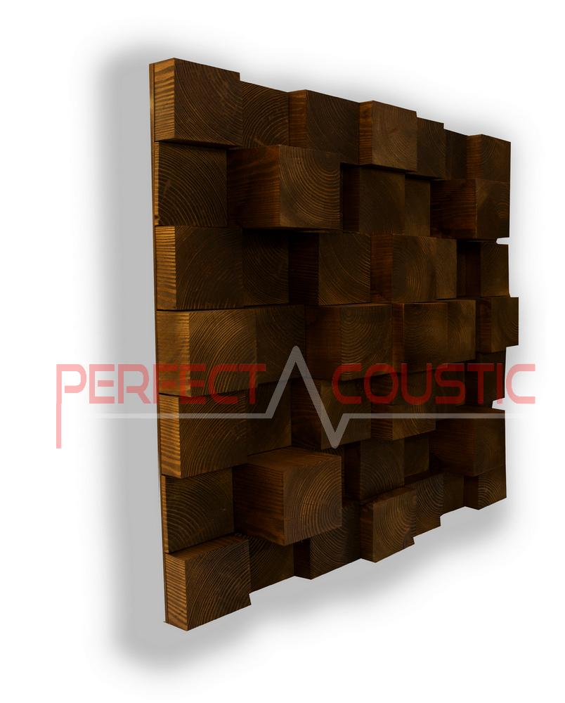 Diffuseur sonore Cube en bois foncé, composé de blocs de différentes profondeurs avec veinage du bois apparent et relief tridimensionnel.