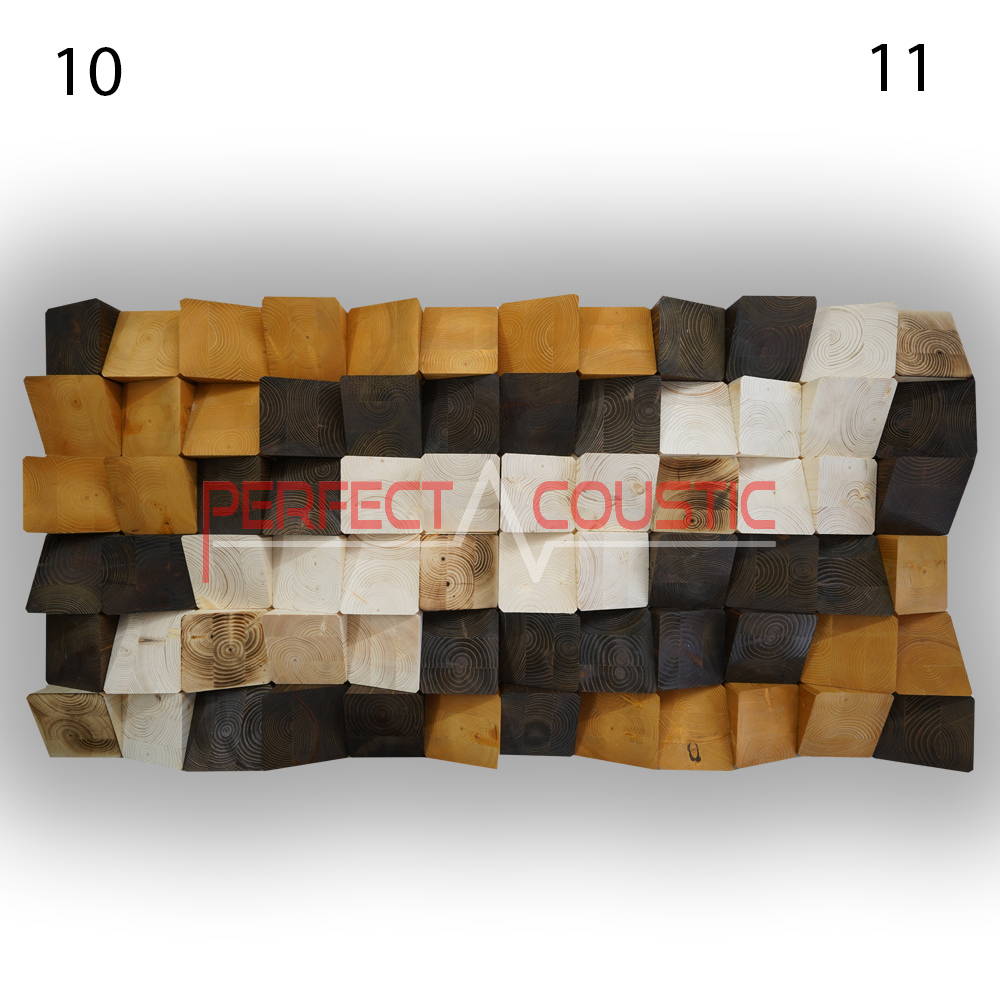 Diffuseurs acoustiques Art motifs 10 et 11 placés côte à côte, composés de blocs de bois en relief aux teintes naturelles, claires et brun foncé, formant une composition continue.