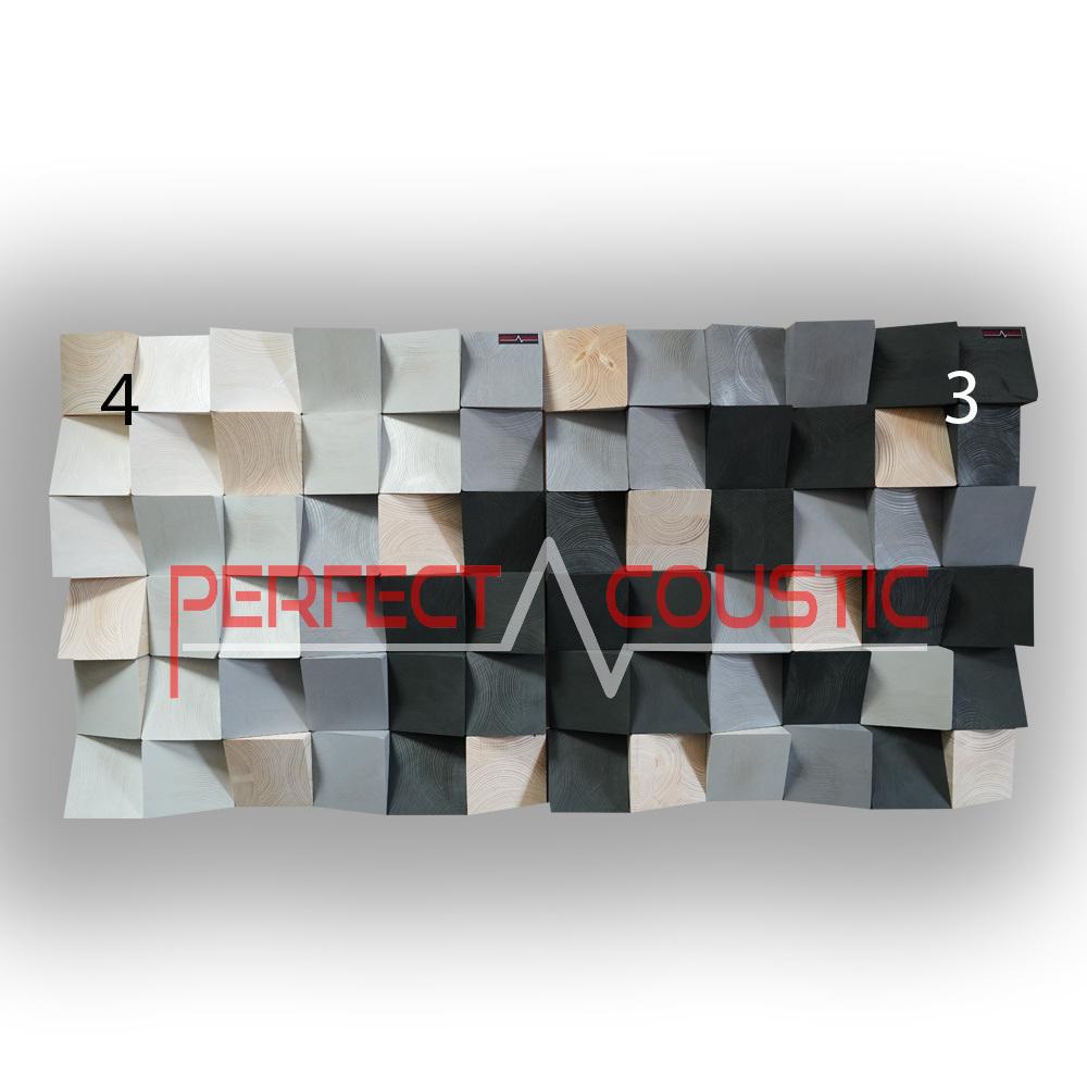 Diffuseurs d’art motifs 4 et 3 installés côte à côte, formant une grande composition en relief dans des tons blancs, gris, bois naturel et noirs.