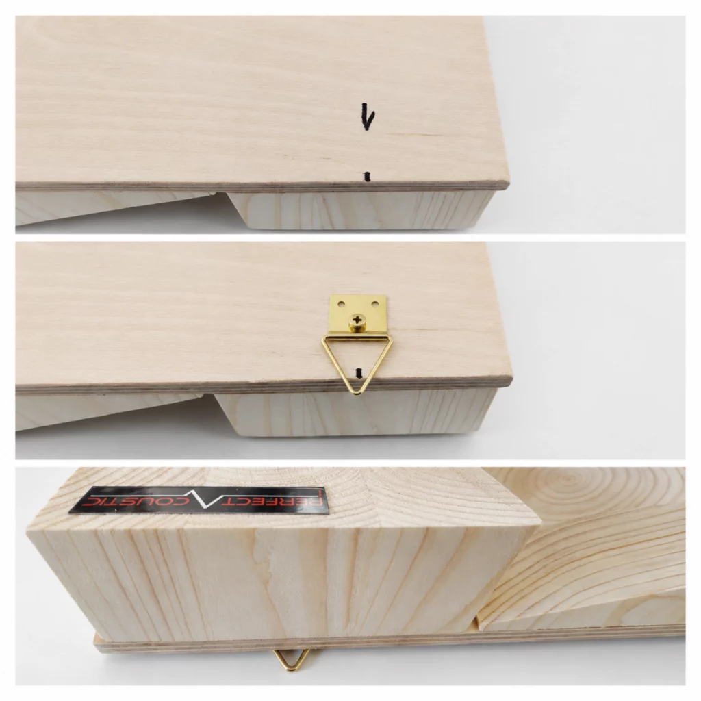 Montage en trois étapes montrant la fixation du crochet au dos d’un diffuseur acoustique en bois : le premier détail présente le repère indiqué par nos soins lorsque le crochet est livré non monté, le deuxième montre l’emplacement correct du crochet par rapport à ce repère, et le troisième présente le résultat final après la pose.