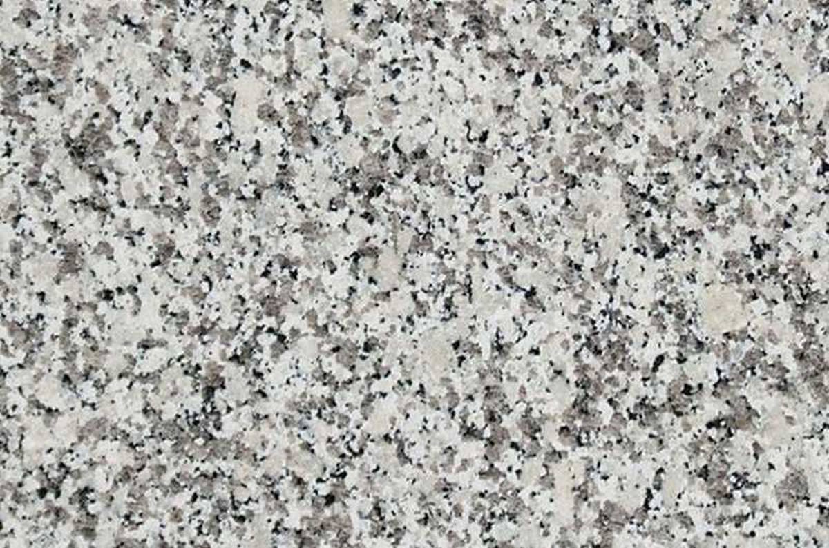 Gros plan sur la texture du granit Bianco Sardo, mêlant des cristaux blancs, gris et noirs dans un motif fin et régulier.