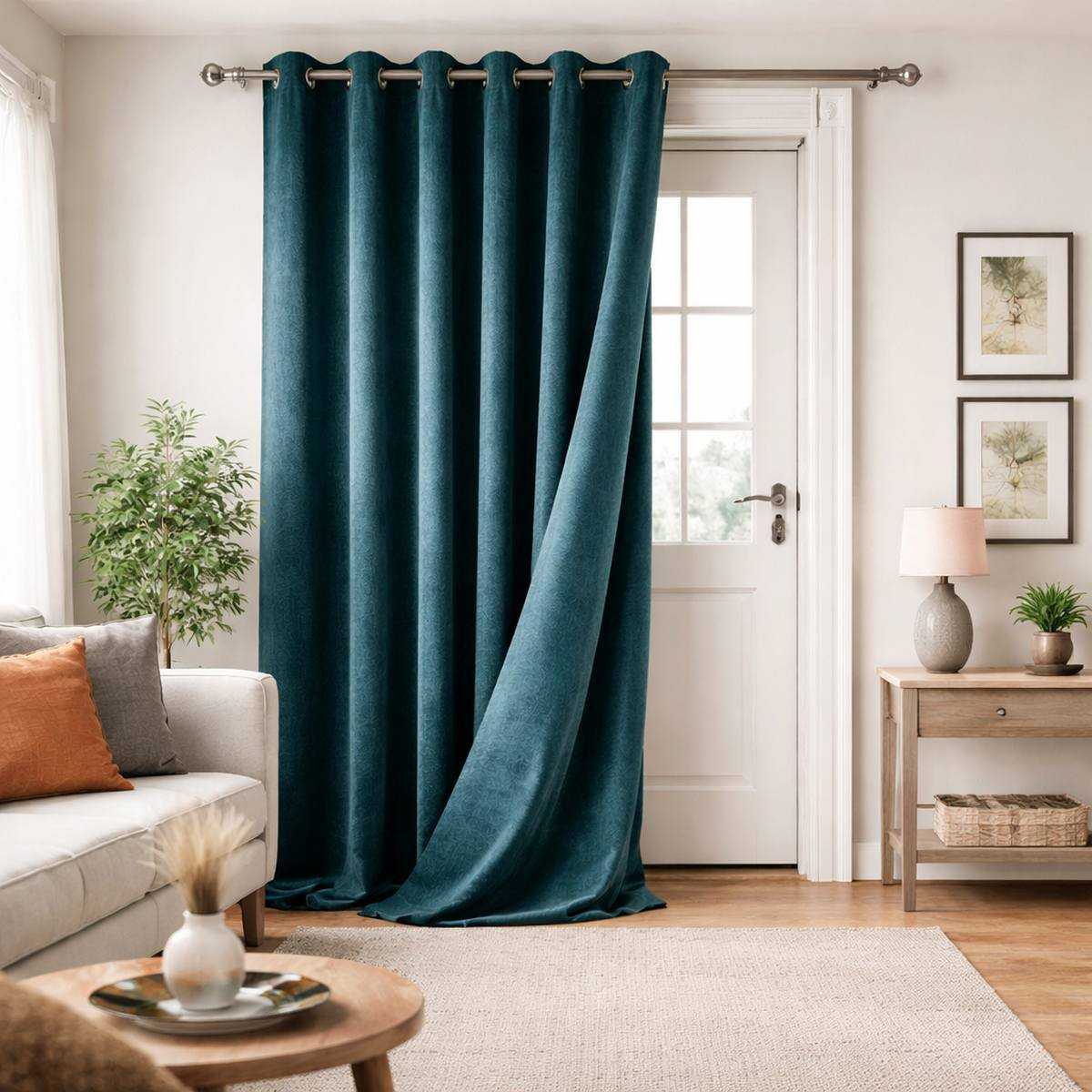Illustration d’un rideau bleu vert devant une porte d’entrée