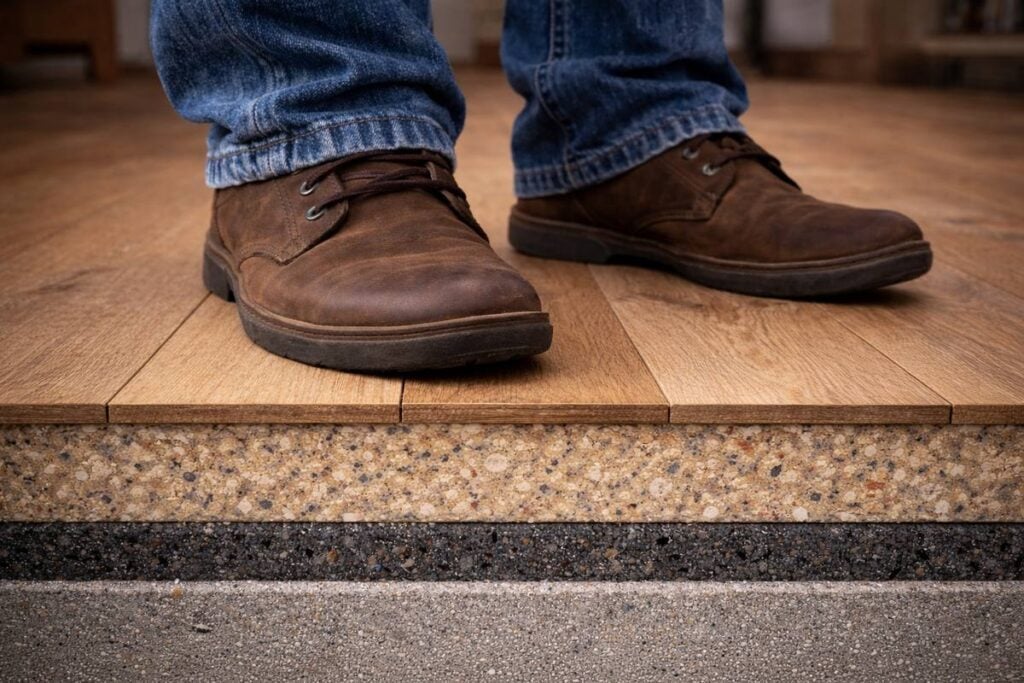 schema isolation bruit impact dans plancher au dessus d’un plafond poutres bois