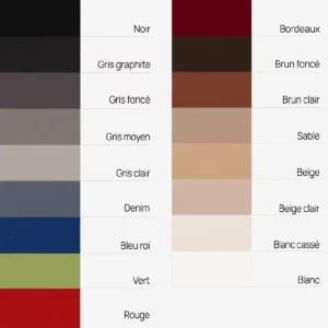 nuancier-tissu-acoustique-au-metre Nuancier présentant les différentes couleurs disponibles du tissu, avec des échantillons tels que Noir, Gris graphite, Gris foncé, Gris moyen, Gris clair, Denim, Bleu roi, Vert, Rouge, Bordeaux, Brun foncé, Brun clair, Sable, Beige, Beige clair, Blanc cassé et Blanc.
