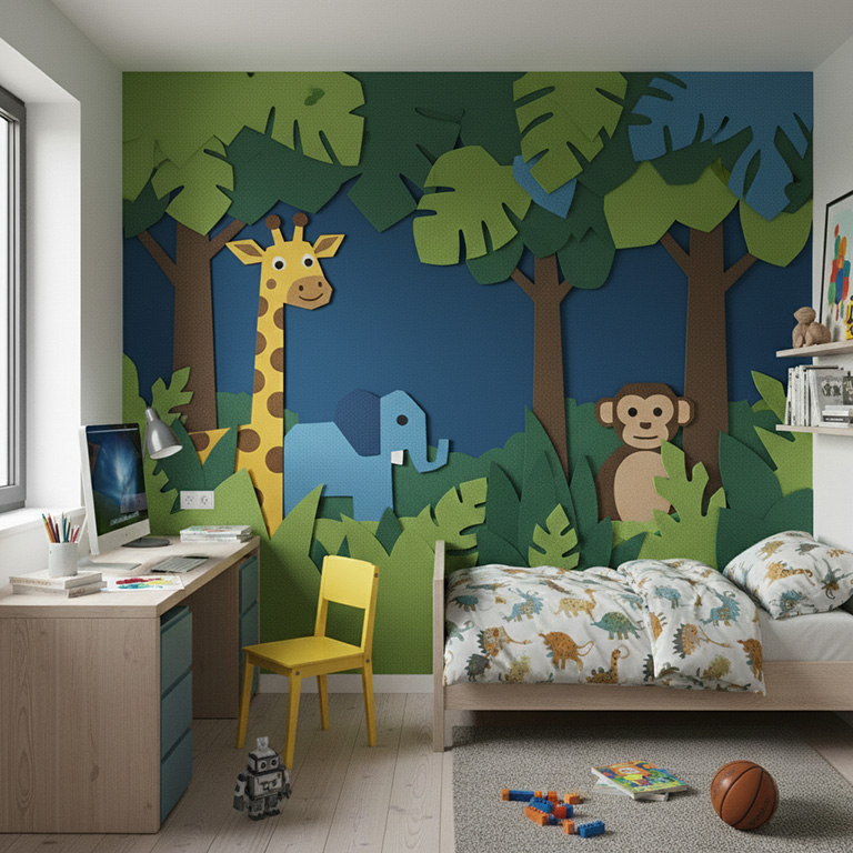 Panneaux acoustiques colorés apportant calme et jeu dans une chambre d’enfant.