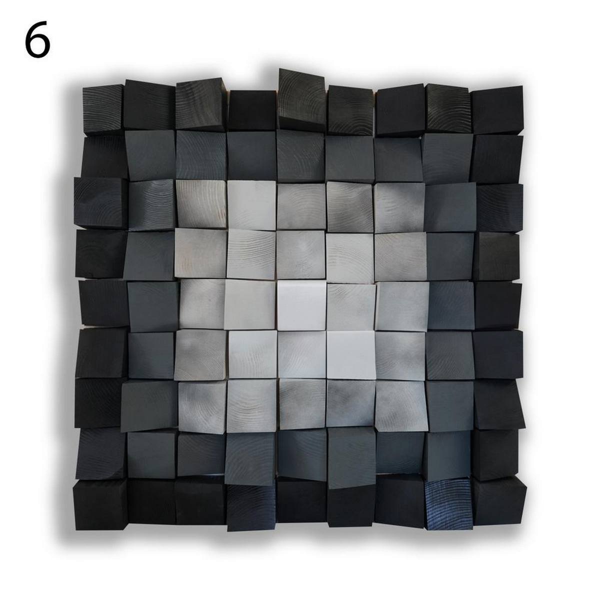 Vue de face du panneau diffuseur d’art motif 6, montrant une composition symétrique de cubes en bois en relief avec un centre clair entouré de nuances plus foncées, soulignant la texture et la structure du motif.