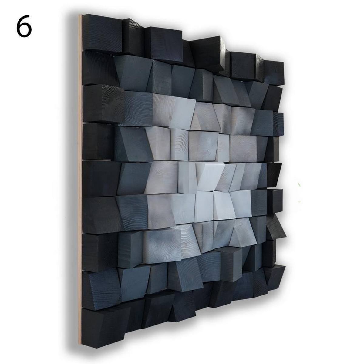 Panneau diffuseur d’art motif 6 vu en perspective latérale, composé de cubes en bois en relief dans des nuances de noir, gris anthracite et gris clair, créant une surface géométrique structurée.