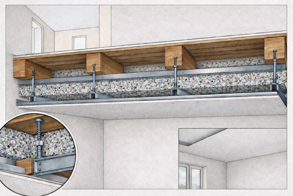 schema plafond suspendu désolidarisé pour isolation phonique plafond poutres bois