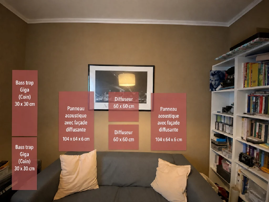 Illustration d'un mur arrière de salon avec deux bass traps Giga, deux panneaux acoustiques avec façade diffusante et deux diffuseurs de 60 × 60 cm placés selon une recommandation acoustique.