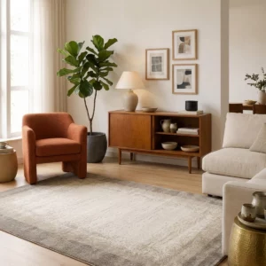 Tapis acoustique Pure Tone beige installé dans un salon lumineux, associé à un canapé clair, un fauteuil terracotta et du mobilier en bois.