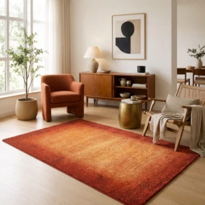 Tapis acoustique Pure Tone terracotta installé dans un salon lumineux, avec un centre orangé lumineux et une bordure terracotta plus foncée, associé à du mobilier en bois et des tons naturels.