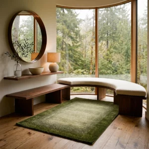 Tapis acoustique Pure Tone vert installé dans un intérieur lumineux avec mobilier en bois, présentant un centre vert clair nuancé et une bordure vert foncé.