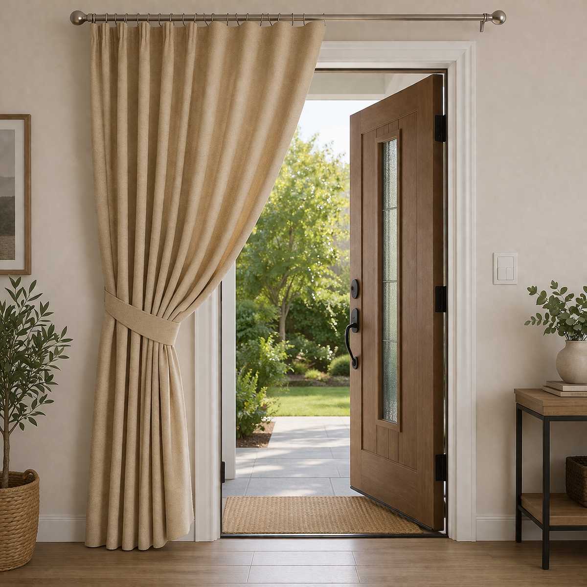 Rideau thermique Forio beige pour porte d’entrée ouverte