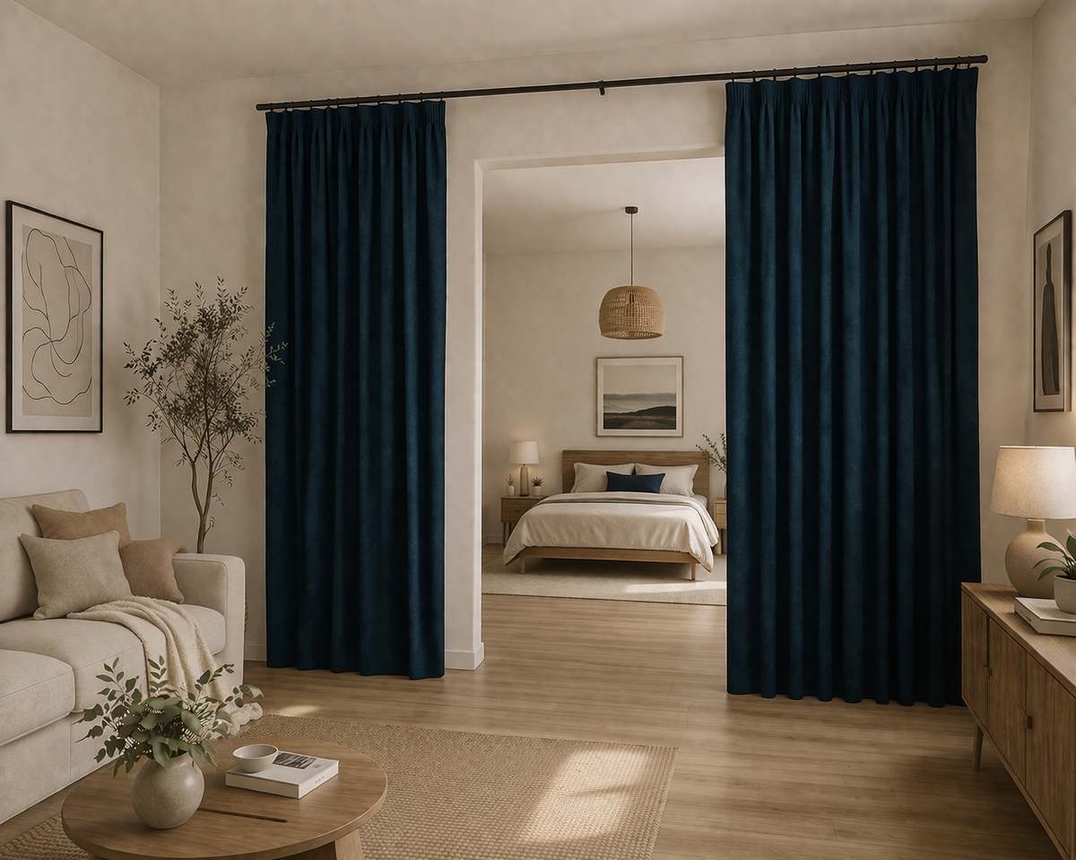 Rideau séparateur Brazio en velours bleu entre salon et chambre