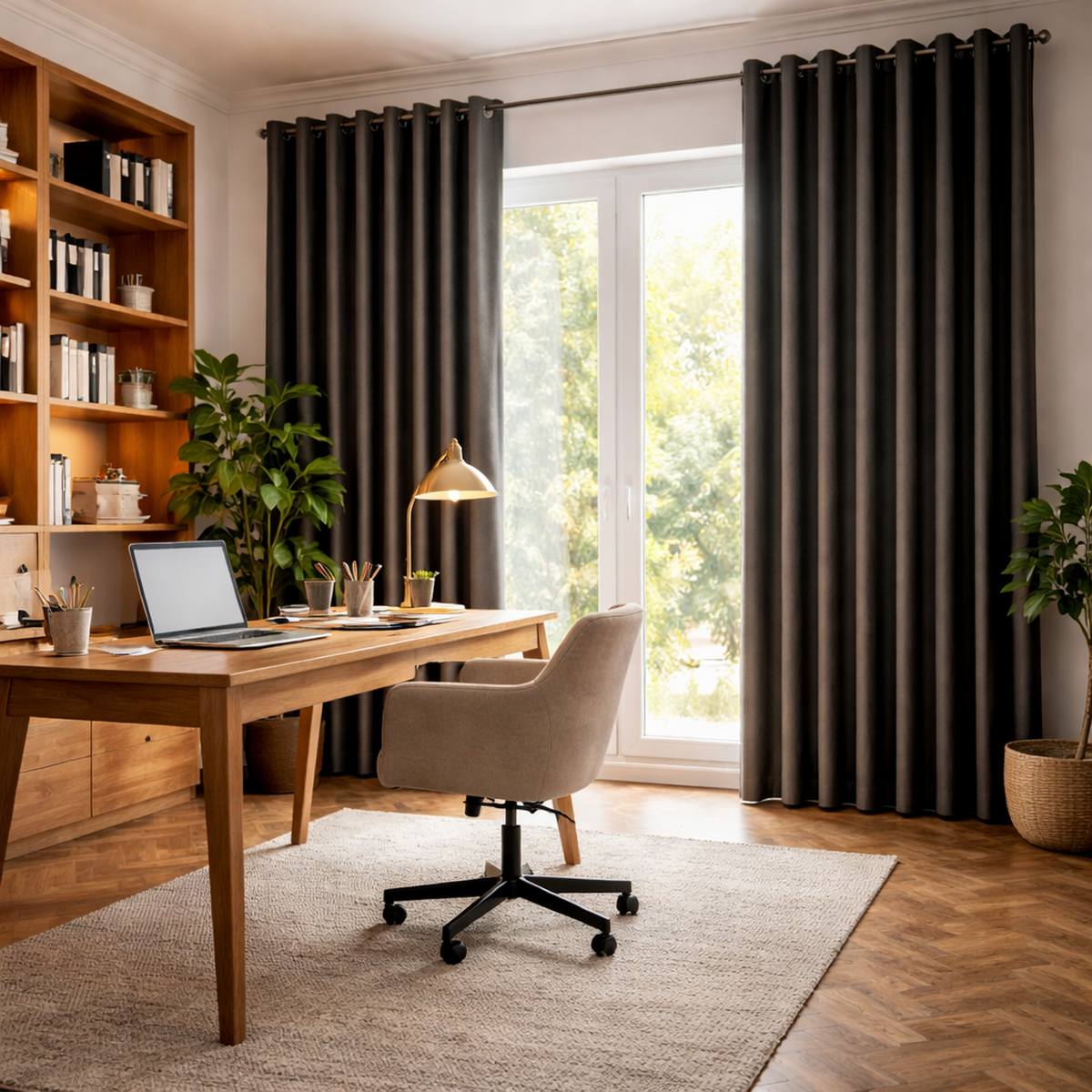 Rideau thermique chenille Miu anthracite dans un bureau à domicile