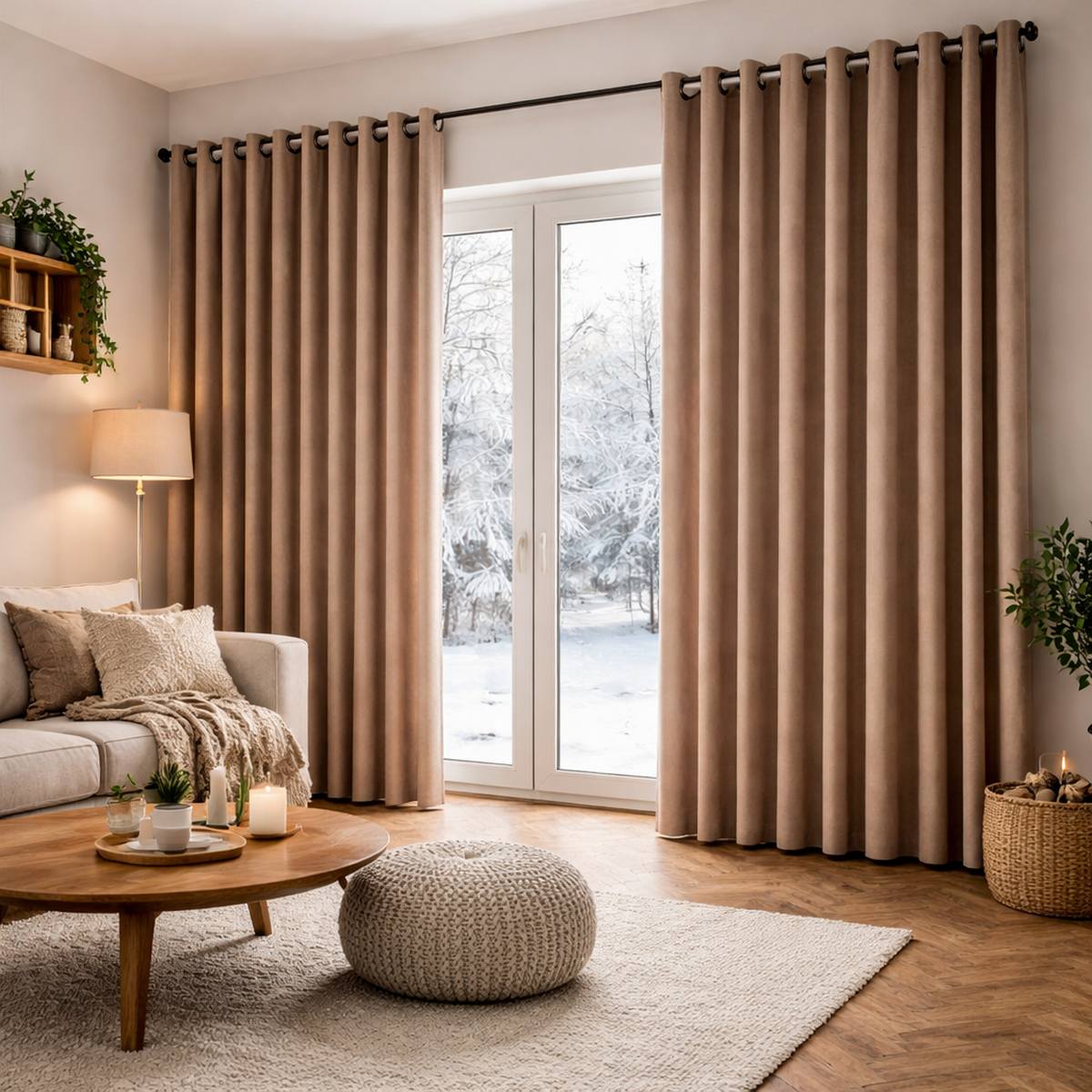 Rideau thermique chenille Miu beige devant une fenêtre en hiver