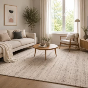Tapis acoustique blanc cassé Luxury Harmony installé dans un salon lumineux, avec un motif discret aux fines nuances gris-beige et une surface douce et dense.