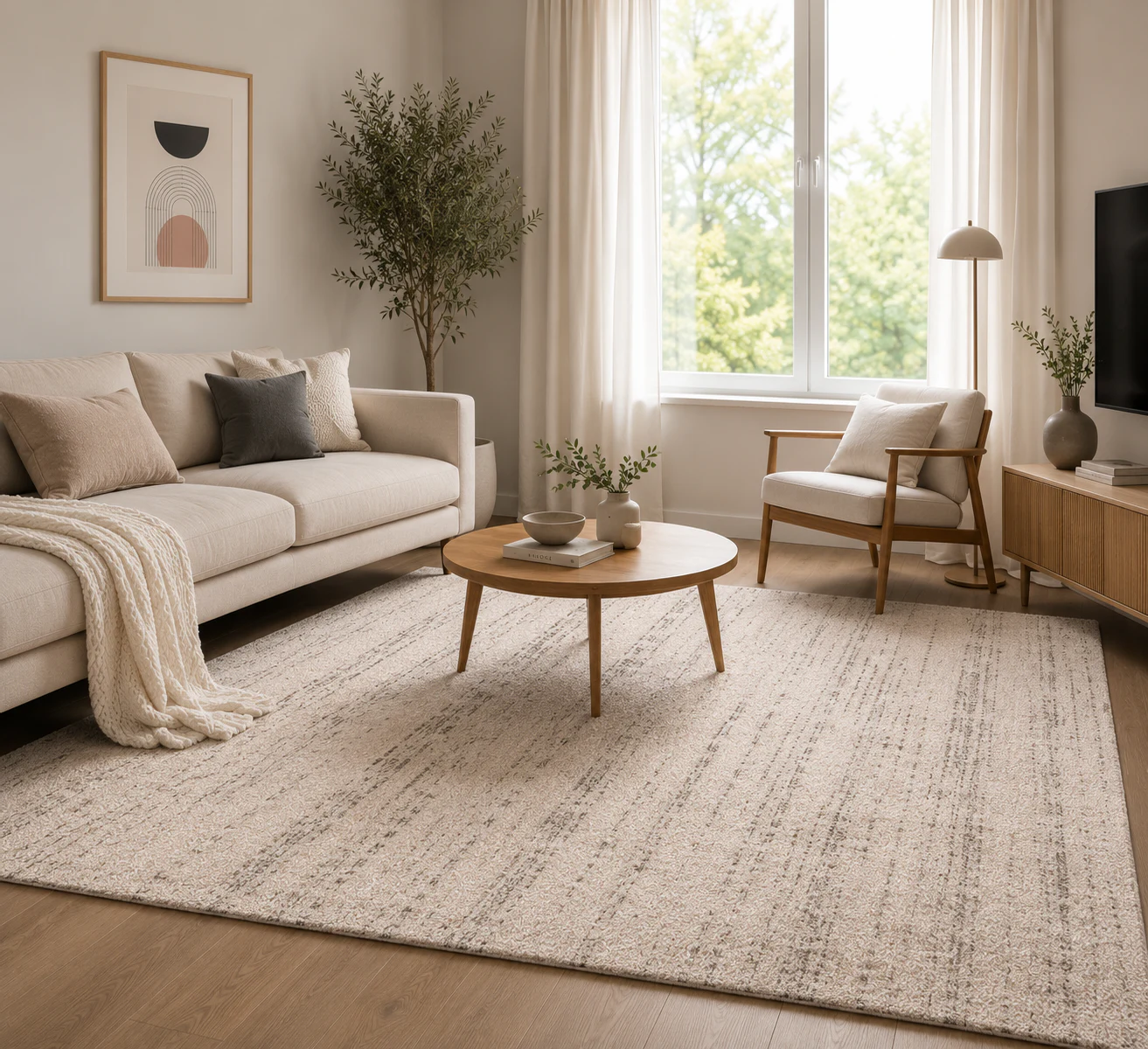 Tapis acoustique blanc cassé Luxury Harmony installé dans un salon lumineux, avec un motif discret aux fines nuances gris-beige et une surface douce et dense.