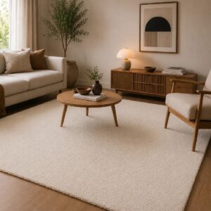 Tapis acoustique blanc Luxury Harmony de forme rectangulaire dans un salon élégant, avec une surface dense et un aspect raffiné.