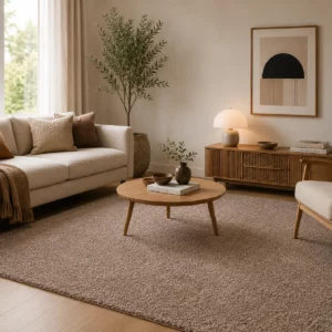 Tapis acoustique café Luxury Harmony de forme rectangulaire dans un salon contemporain aux tons naturels, avec une surface moelleuse et élégante.