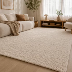 Grand tapis acoustique uni Professional Calm Beige à poils longs dans un salon lumineux, mettant en valeur sa texture dense, sa teinte chaleureuse et son aspect confortable.
