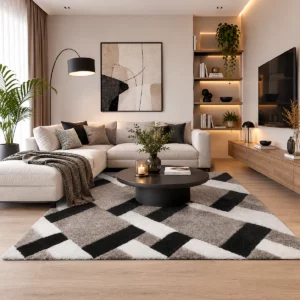 Tapis acoustique Professional Calm Quadrille à motifs géométriques noirs, gris et blancs dans un salon contemporain, avec une texture épaisse à poils longs qui apporte confort et caractère.
